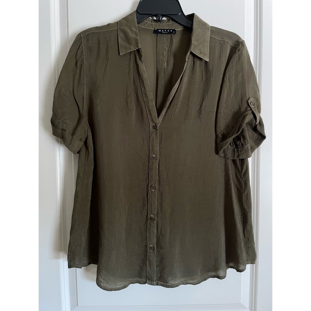 Maven West Olive Short Sleeve Tie Front Top, Size Medium